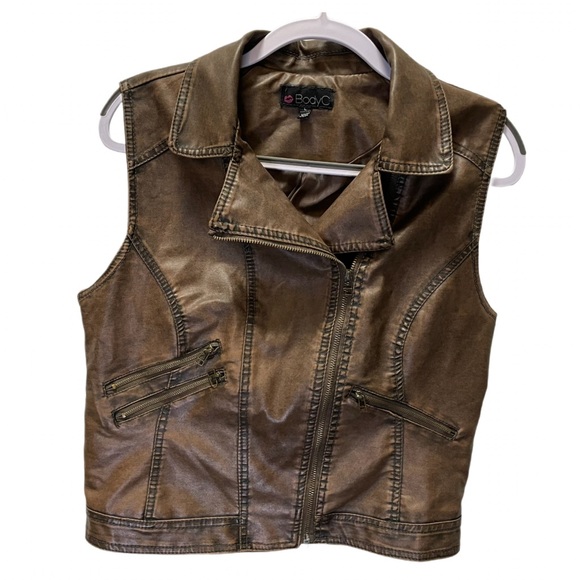 Body C Women's Brown Distressed Faux Leather Biker Moto Vest Jacket L - Picture 4 of 8